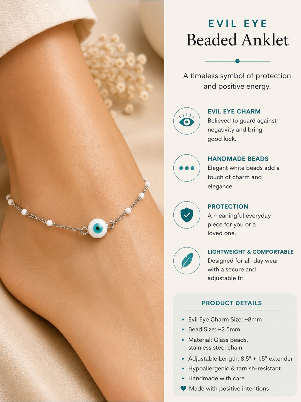 Evil Eye Beaded Anklet — White with Blue Charm